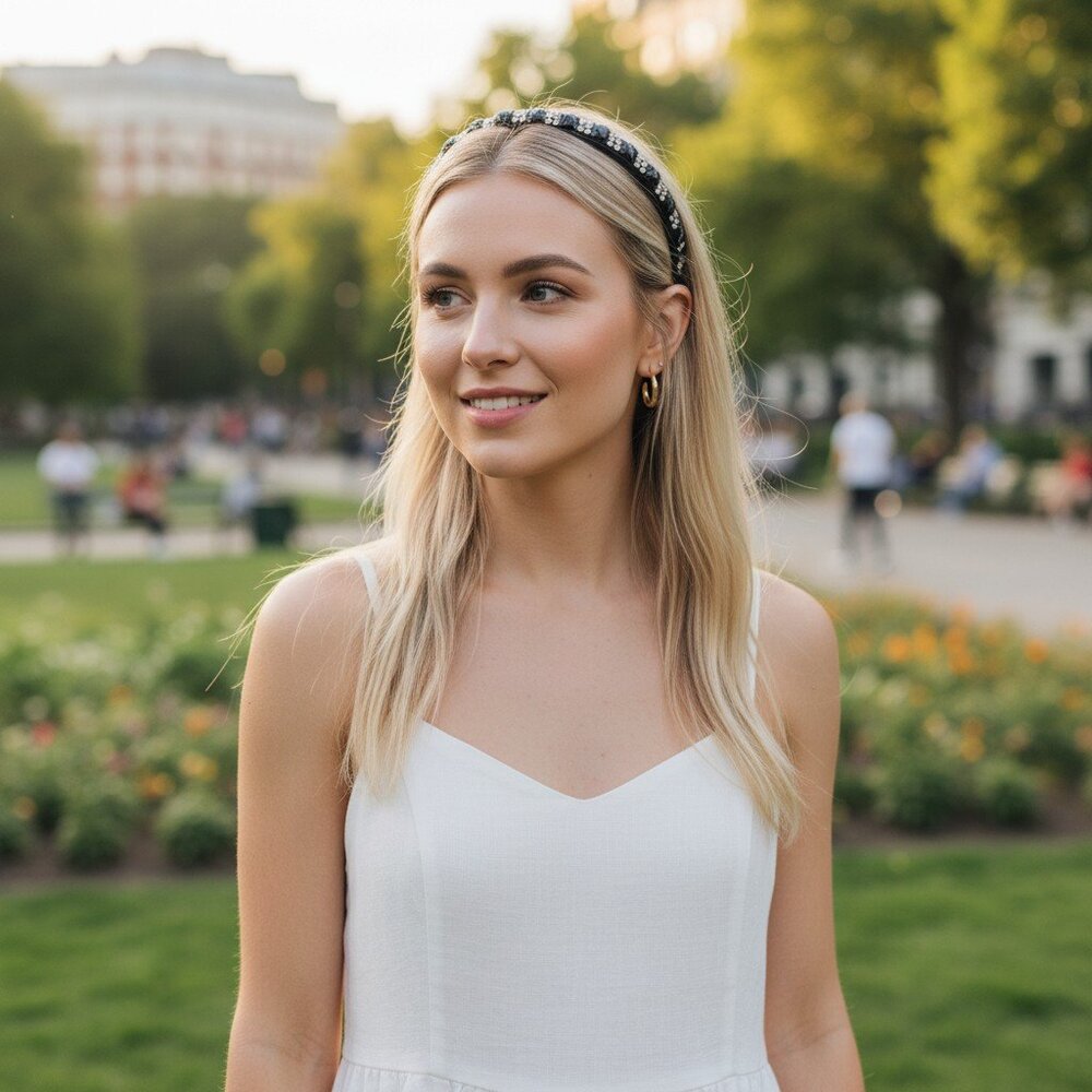 Ladies Accessories Headband, Silver Black Studded